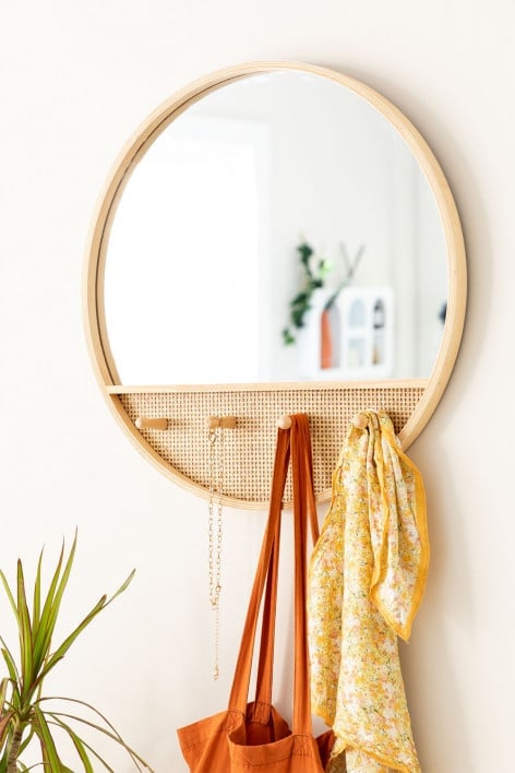 Wooden Round Wall Mirror with Hooks Tinka 