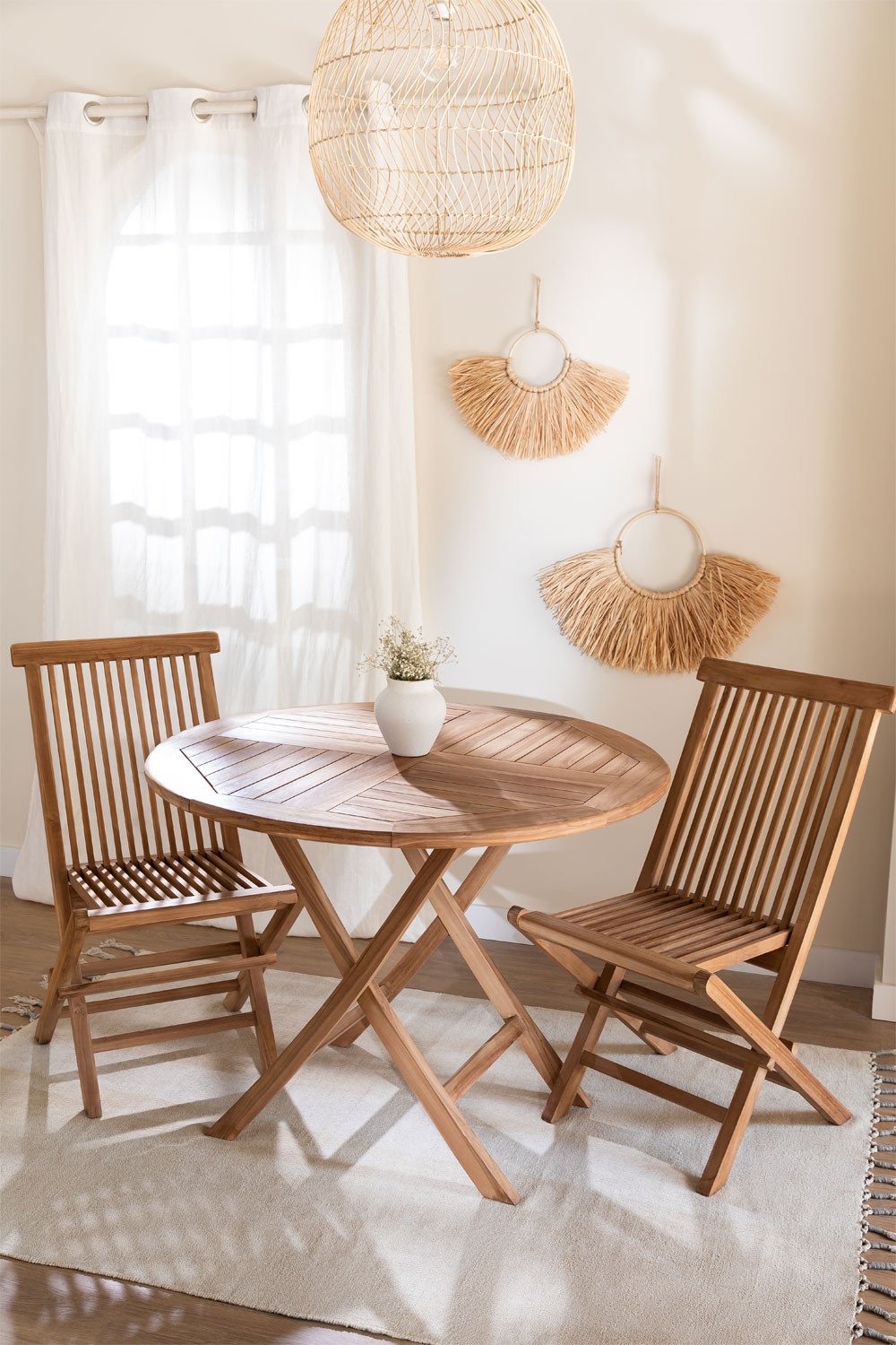 Set Of 2 Teak Wood Foldable Chairs Round Dining Table Ø100 Cm Pira Sklum Set Of 2 Teak Wood Foldable Chairs, Round Kitchen Table Set For 2