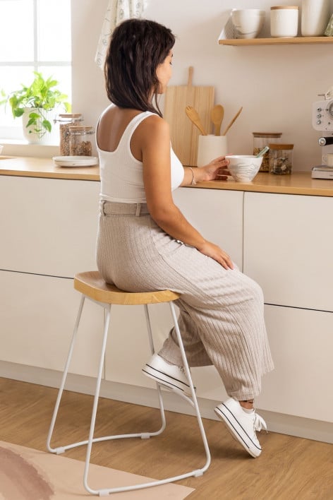 High stool 65 cm in white steel and elm wood Neicol - White
