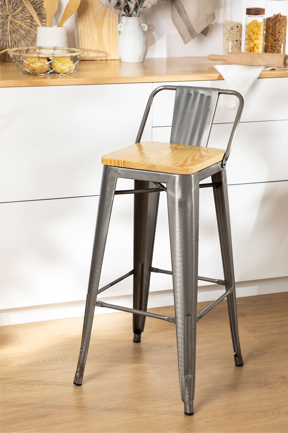 High Stool with Wooden Backrest LIX Brushed, gallery image 1