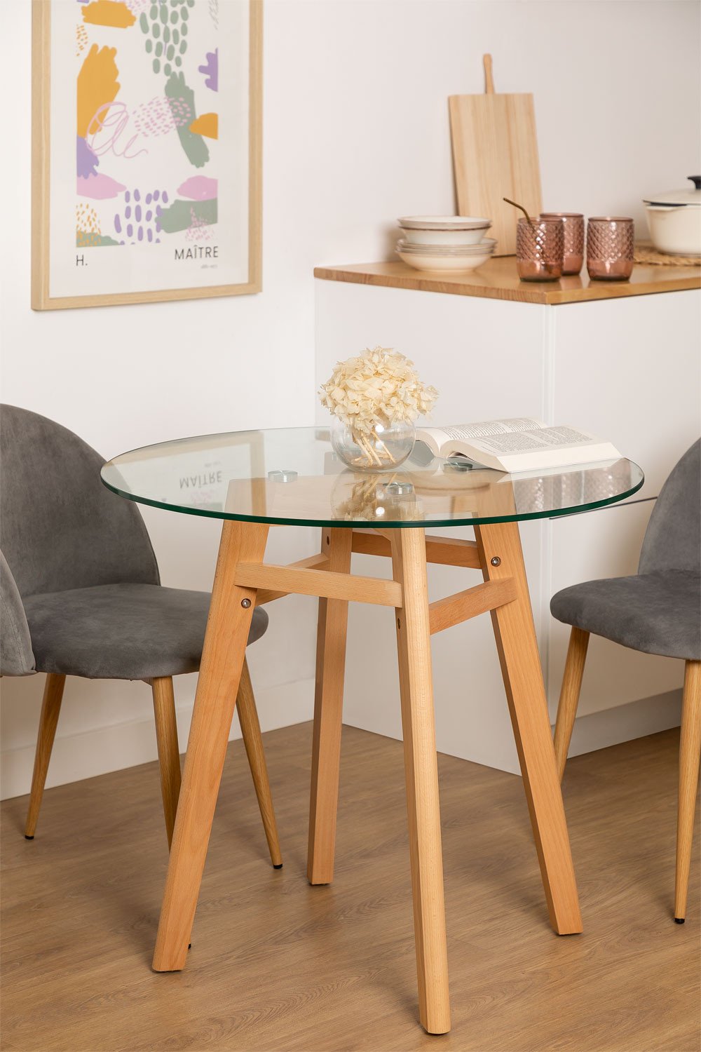 Round Glass & Beech Wood Dining Table (Ø80) Scand Nordic, gallery image 1