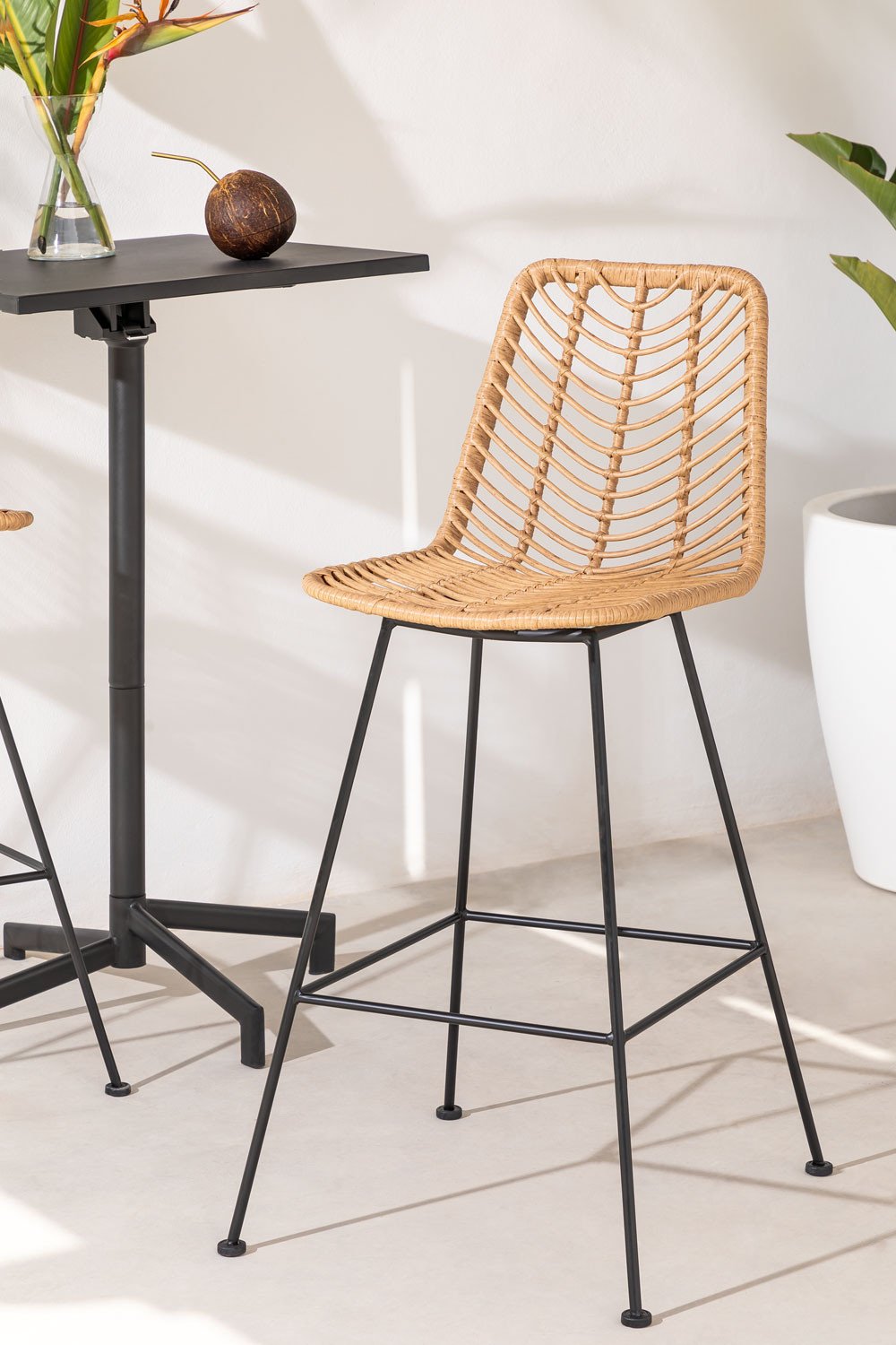High Garden Stool in Synthetic Rattan Natural Gouda , gallery image 1