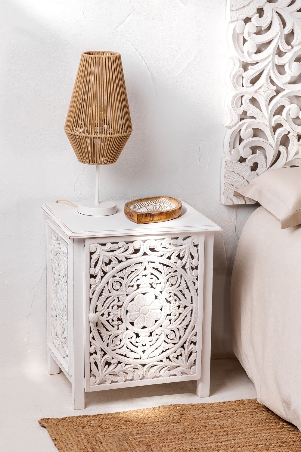 Carved wood deals nightstand