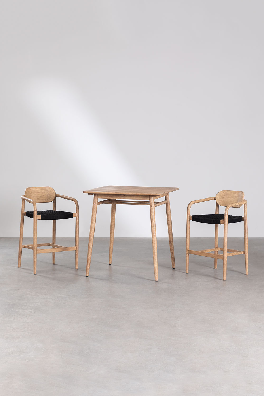 Garden Set of Square High Table (90x90 cm) & 2 Wooden High Stools Naele