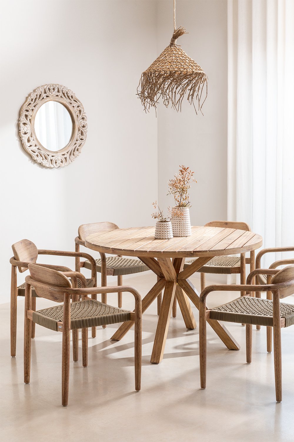 Round Table Set (Ø120 cm) and 6 Dining Chairs with Armrests in Wood Naele, gallery image 1