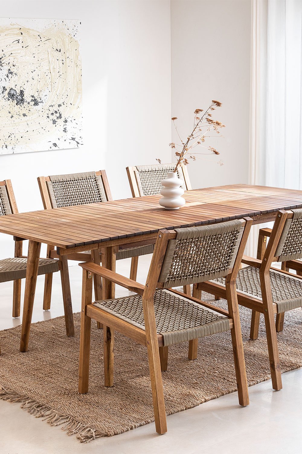 Set of Rectangular Extending Table (160-210x90 cm) and 6 Dining Chairs in Acacia Wood Tenay    , gallery image 1