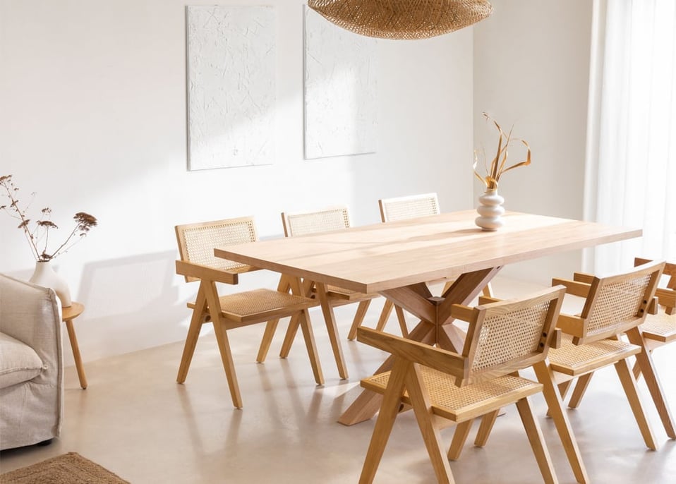 Rectangular Dining Table Set in MDF (180x100 cm) Pleven and 6 Chairs with Armrests in Ash Wood and Rattan Lali Style