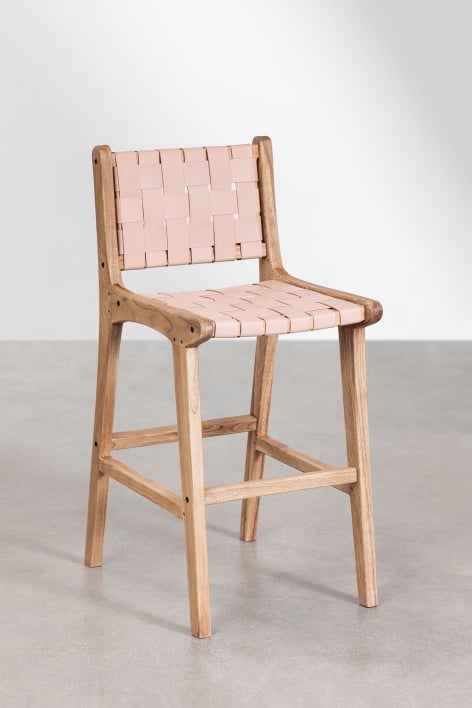 High stool 60 cm in wood and light pink leather Zaid