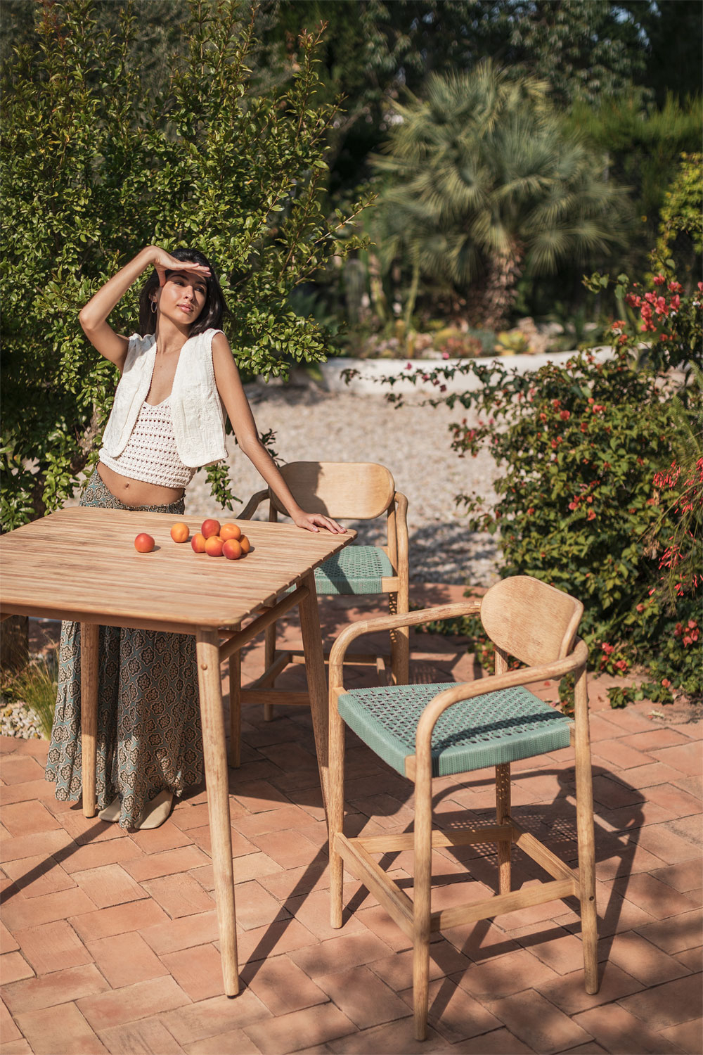 Garden Set of Square High Table (90x90 cm) & 2 High Wooden Stools Naele