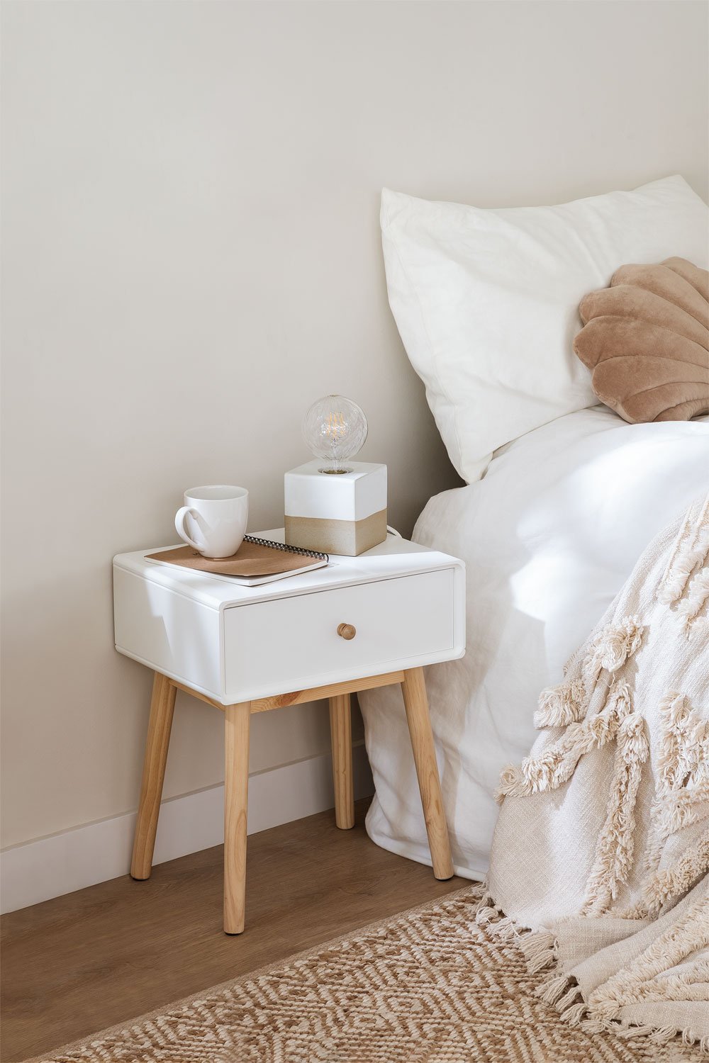 Bedside table with 2024 wooden legs