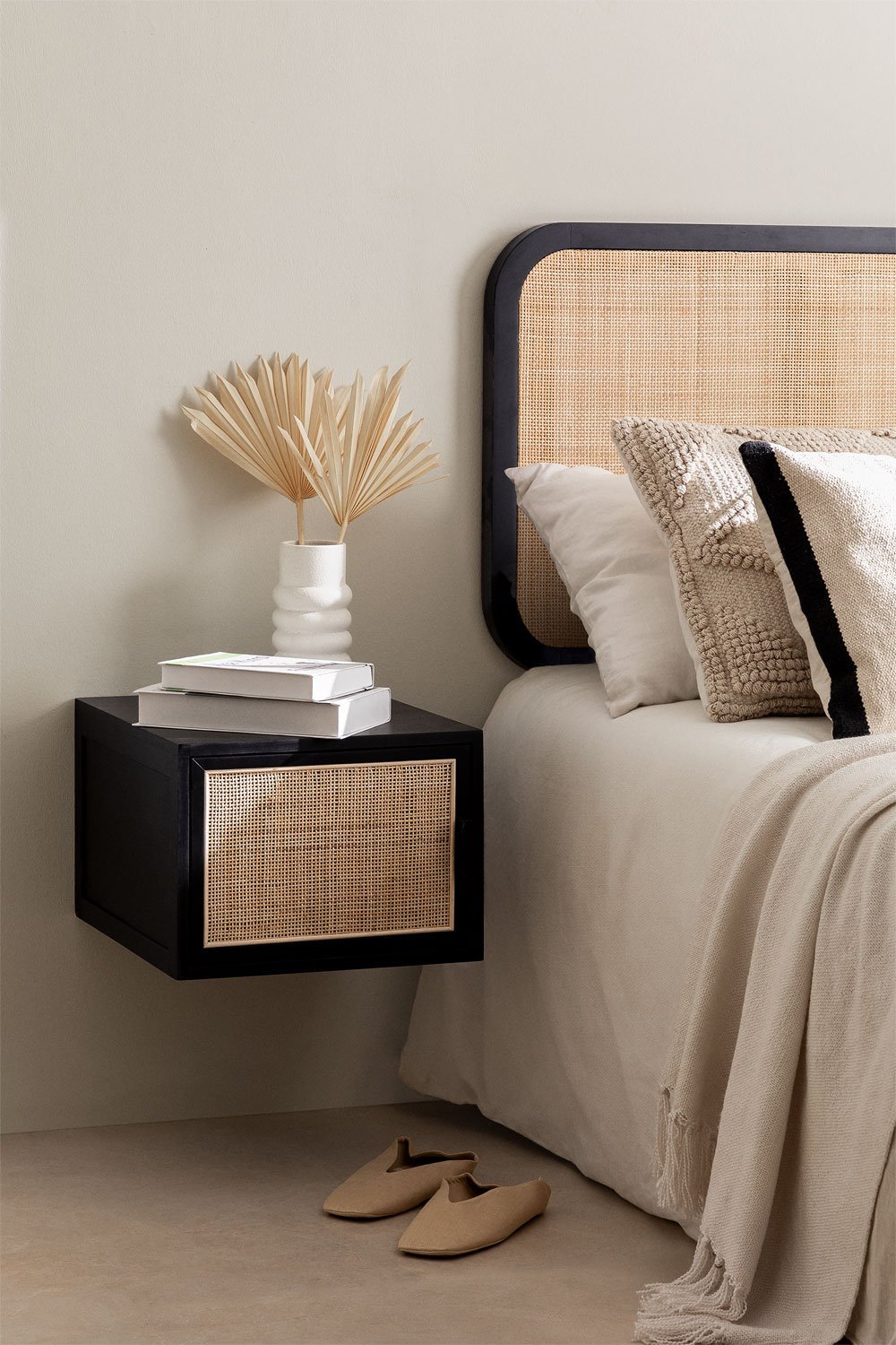 Reyna floating rattan and wood bedside table, gallery image 1