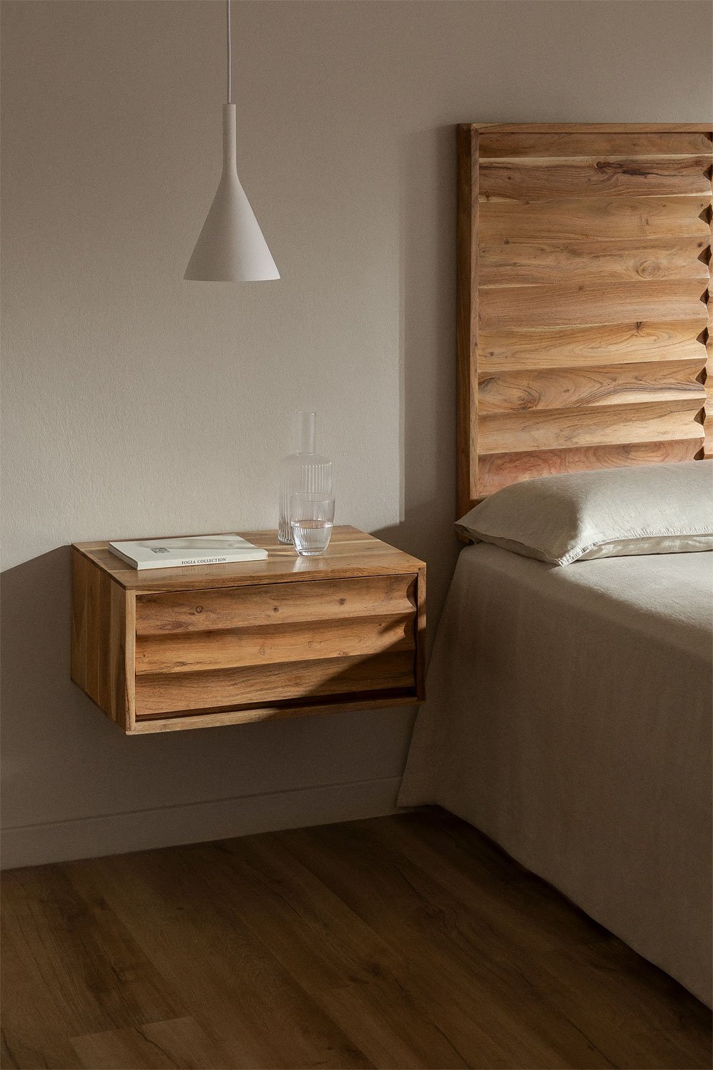 Petter acacia wood wall-mounted bedside table, gallery image 1