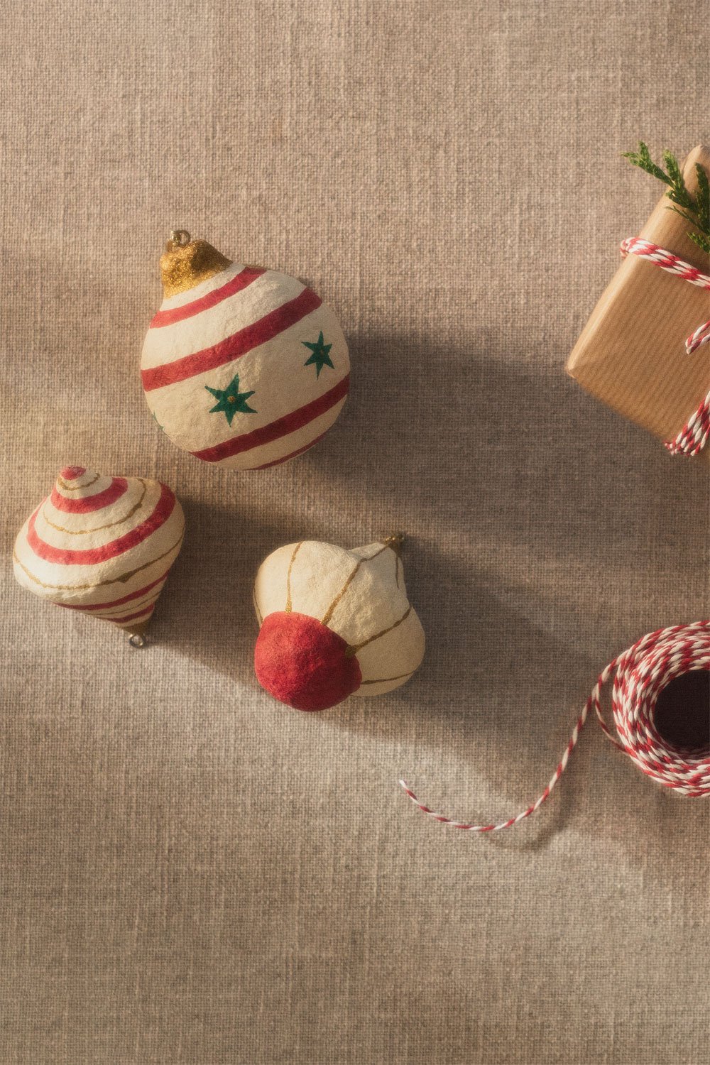 Set of 3 Handmade Christmas Decorations in Paper Mache Bemot, gallery image 1