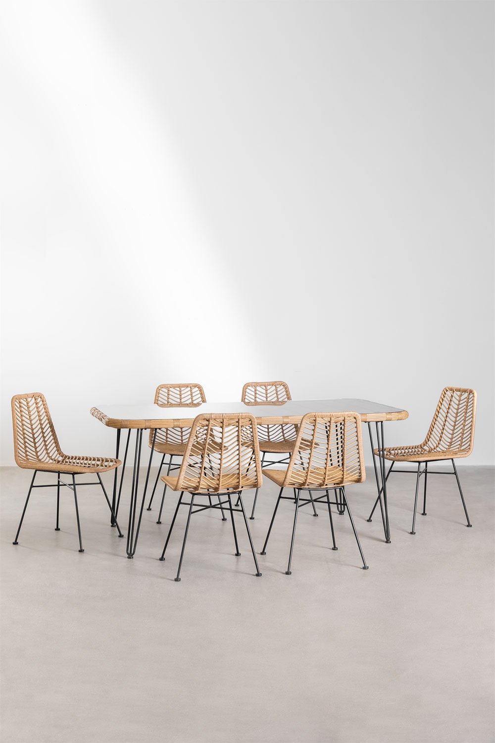 Rectangular Table Set in Synthetic Wicker (180x90 cm) Leribert and 6 Garden Chairs in Synthetic Rattan Natural Gouda, gallery image 2