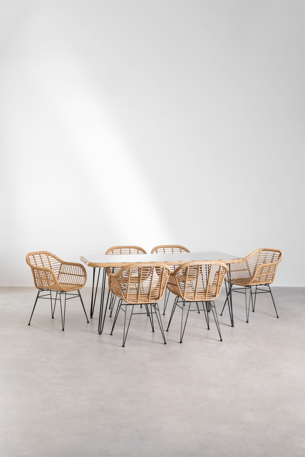 Rectangular synthetic wicker table set (180x90 cm) Leribert and 6 synthetic wicker dining chairs Zole, gallery image 2