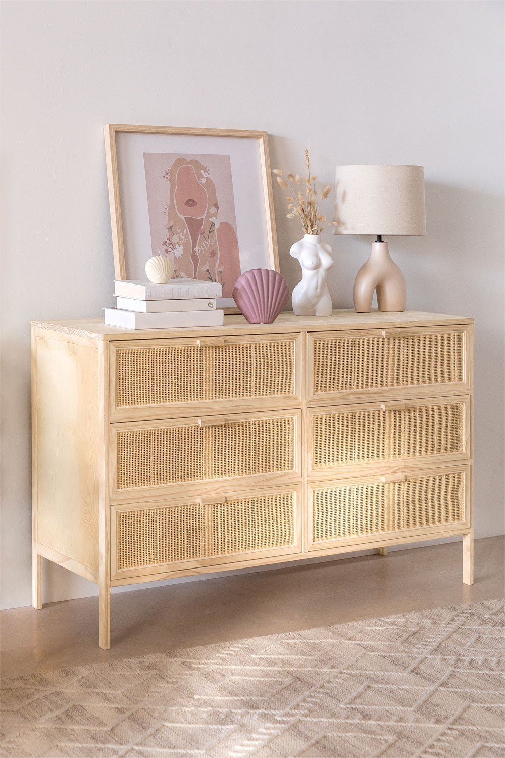 Rattan & Wooden Chest of Drawers Reyna, gallery image 1