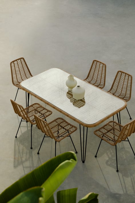 Rectangular Table Set in Synthetic Wicker (180x90 cm) Leribert and 6 Garden Chairs in Synthetic Rattan Natural Gouda