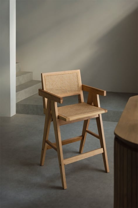High stool 65 cm in natural finish ash wood and rattan Lali