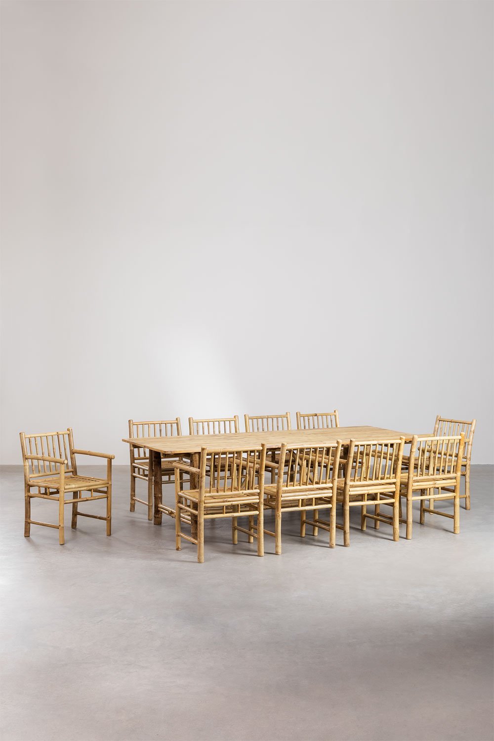 Rectangular table set (250x100 cm) and 10 garden chairs with armrests in Senia bamboo, gallery image 2