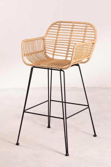 High stool 65 cm in synthetic rattan and black iron Eska