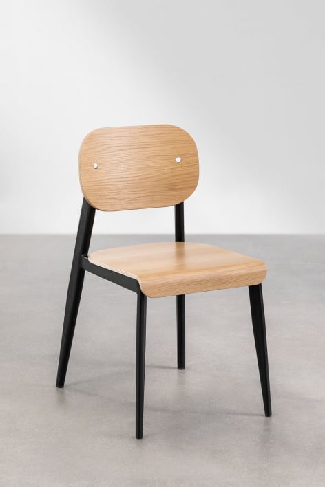 Set of 4 Dining Chairs in Oak Veneer and Iron And