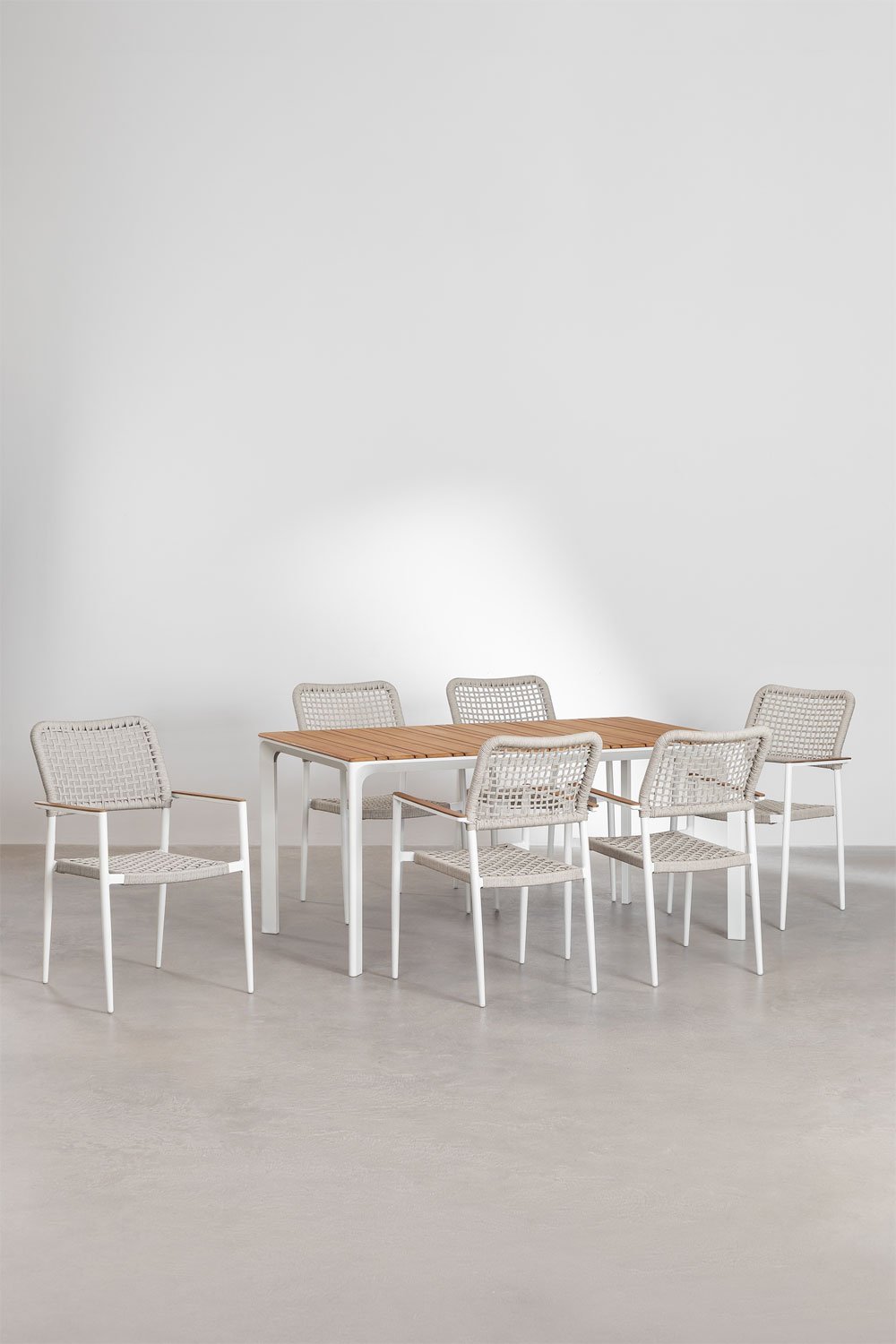 Rectangular Table Set in Aluminum and Teak Wood (160x90 cm) Katiana and 6 Chairs in Aluminum and Braided Rope Nediam, gallery image 2