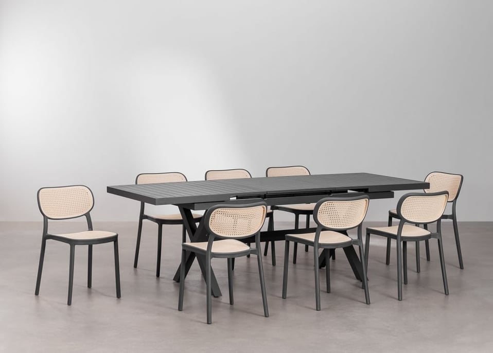 Set of Extendable Rectangular Aluminum Garden Table (180-240x90 cm) Karena and 8 Omara Garden Chairs