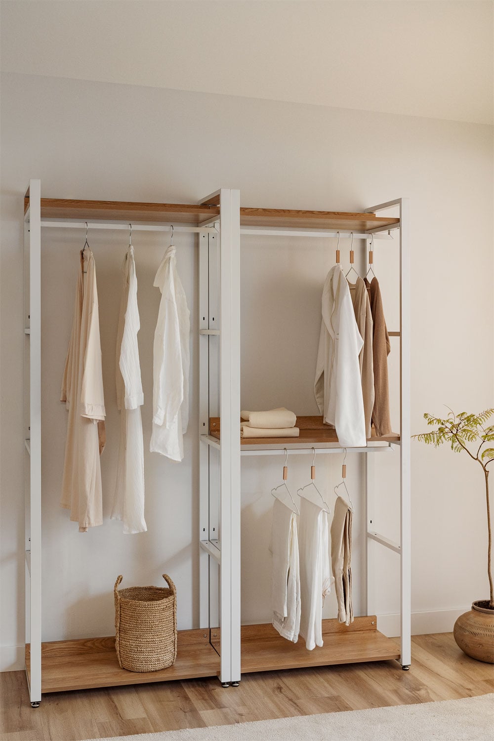 2-piece open modular wardrobe with steel and wood clothes rack Ariaster ...