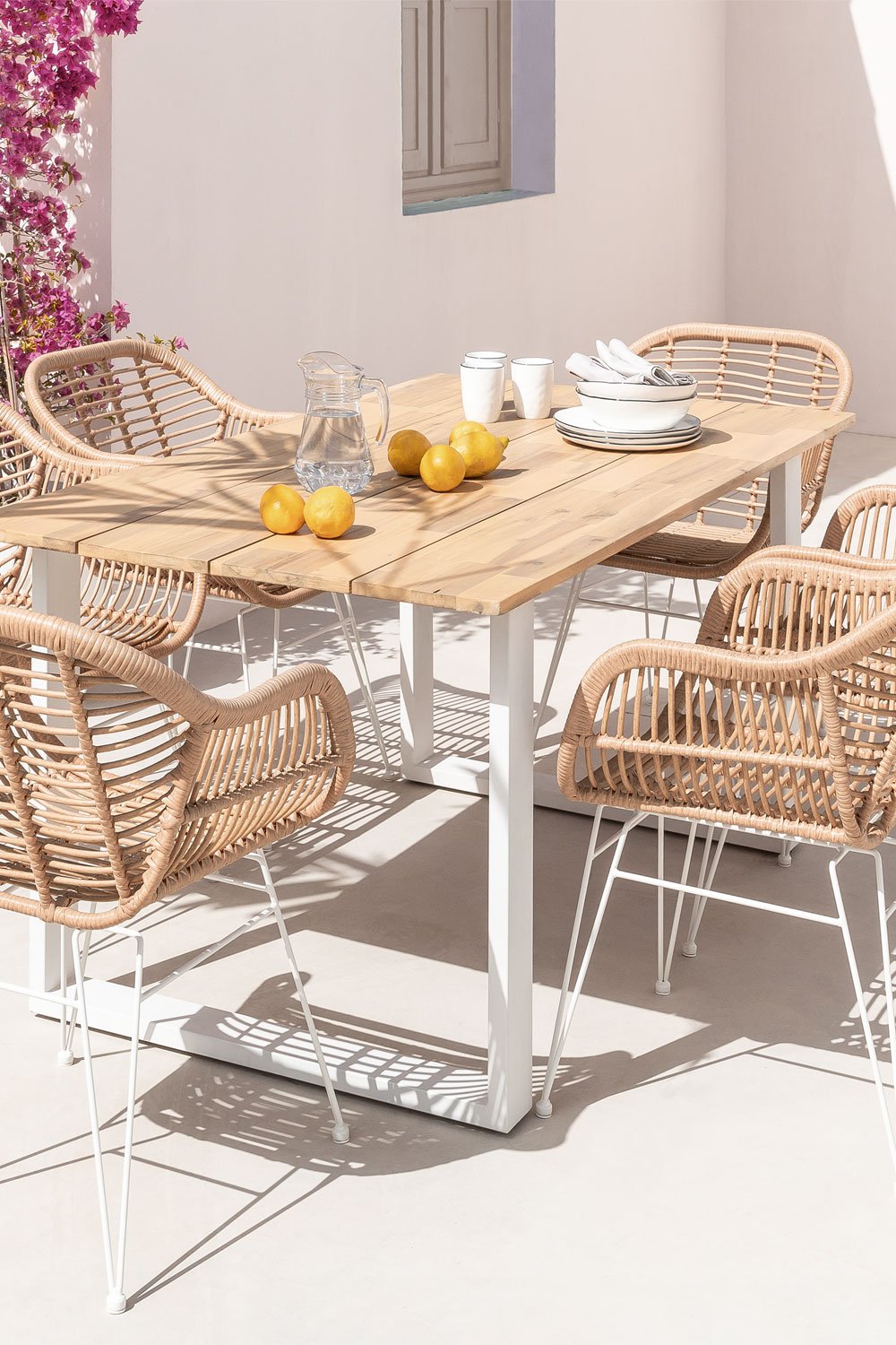 Rectangular Wooden Table Set (160x90 cm) Melina and 6 Zole Synthetic Rattan Garden Chairs, gallery image 1