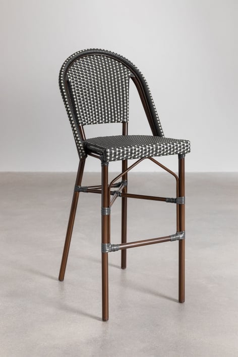 High Stool with Backrest in Aluminum and Synthetic Rattan Brielle