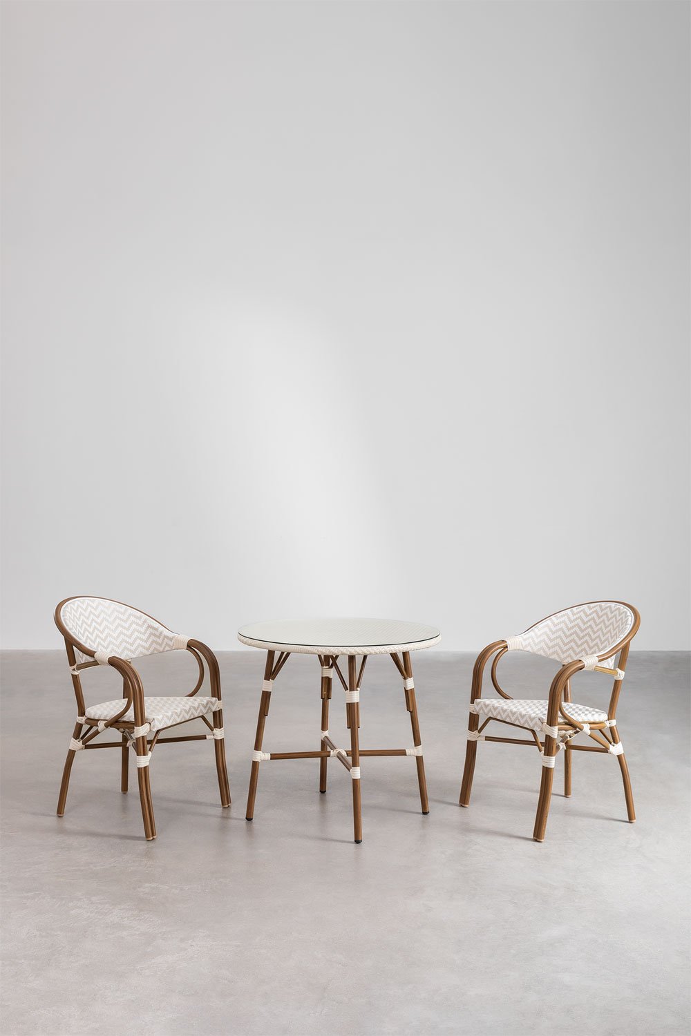 Set of Round Table (Ø80 cm) and 2 Stackable Dining Chairs with Armrests in Aluminum Brielle Bistro, gallery image 2