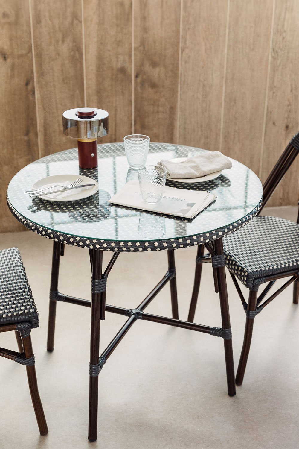Round Dining Table in Aluminum and Synthetic Rattan (Ø80 cm) Brielle Bistro, gallery image 1