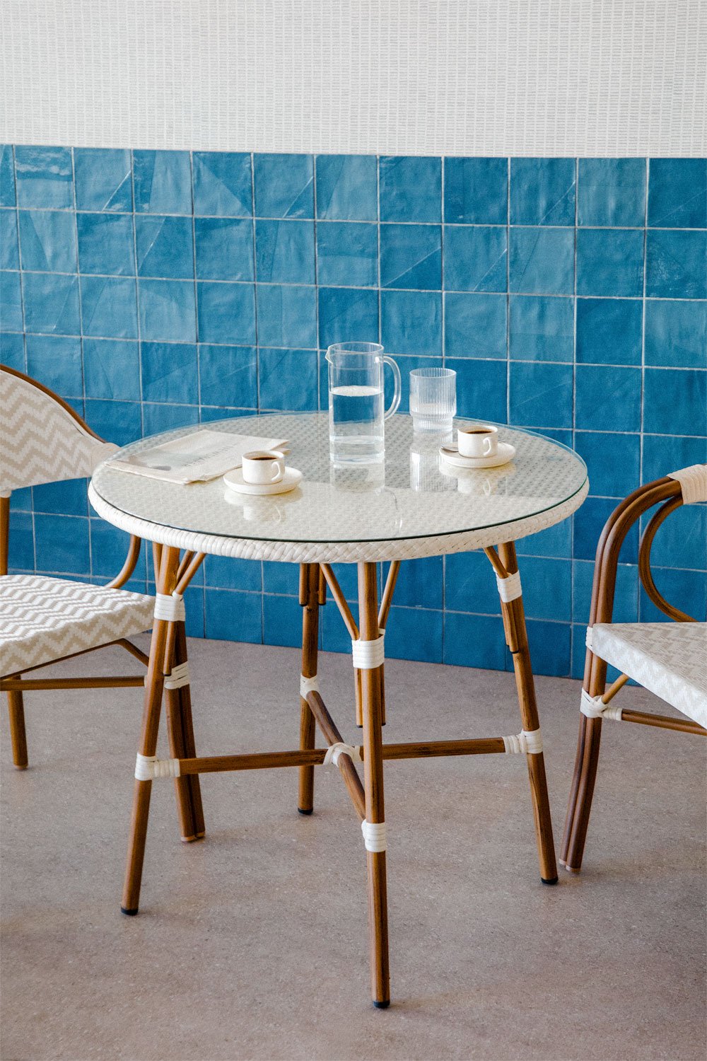 Round Dining Table in Aluminum and Synthetic Rattan (Ø80 cm) Brielle Bistro, gallery image 1