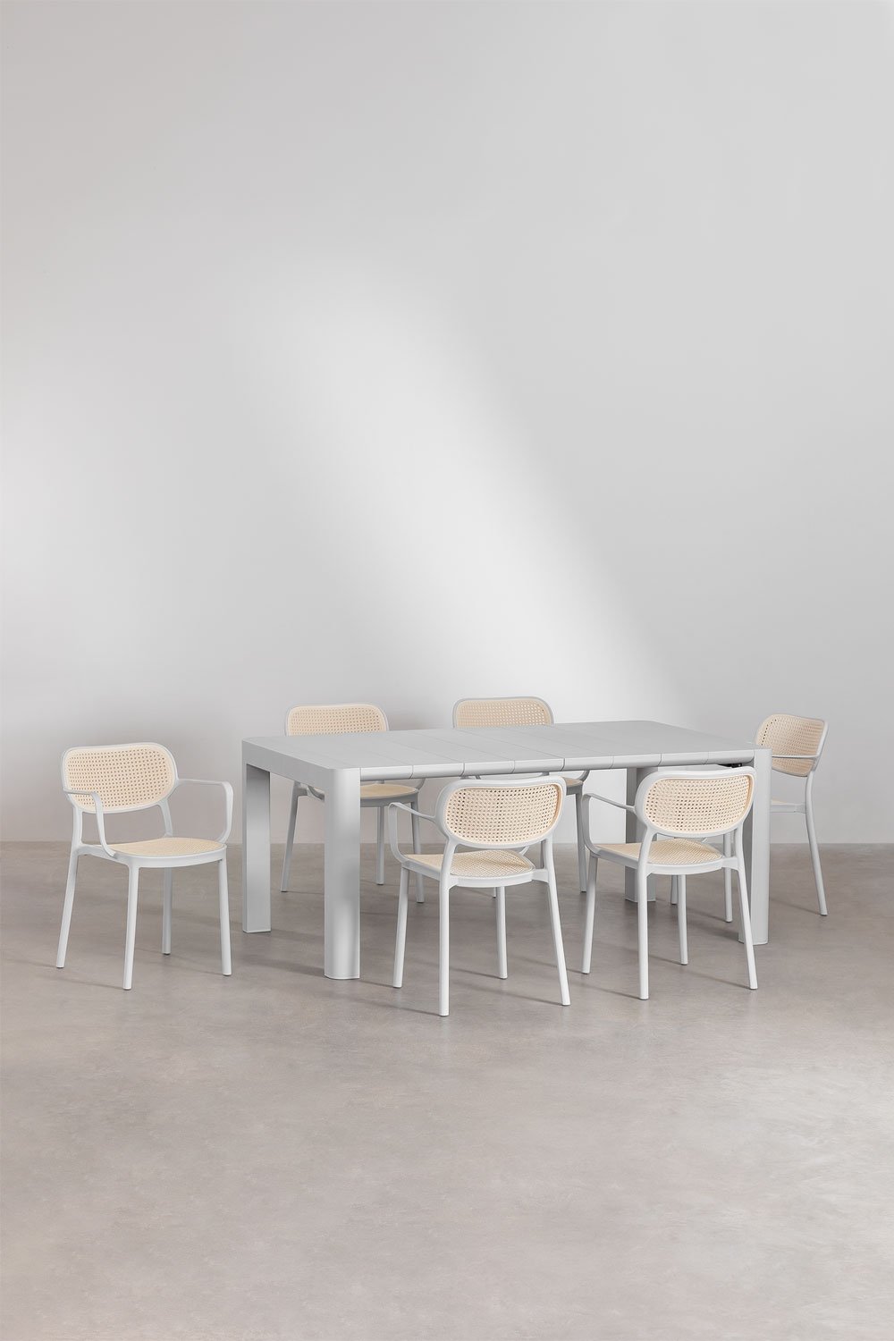 Arnadine Rectangular Table Set (180x100 cm) and 6 Stackable Dining Chairs with Omara Armrests, gallery image 1
