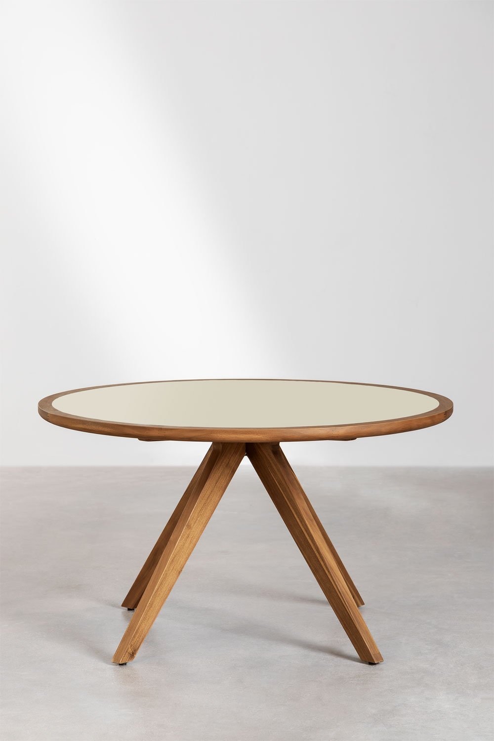 Gamila round table set (Ø130 cm) and 4 dining chairs in cement and New Noel acacia wood, gallery image 2