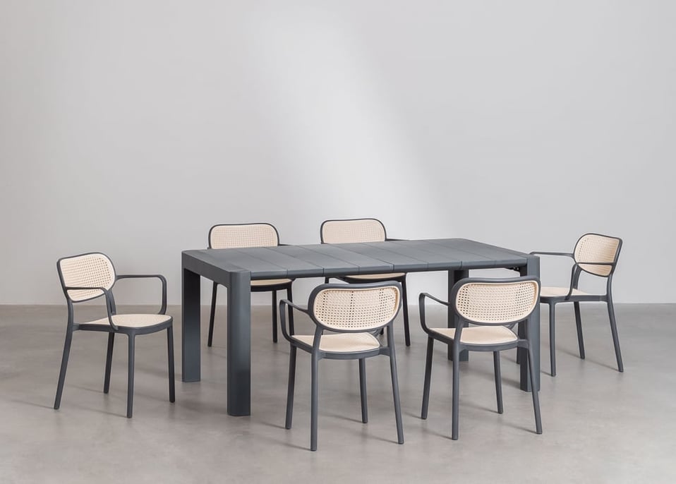 Arnadine Rectangular Table Set (180x100 cm) and 6 Stackable Dining Chairs with Omara Armrests