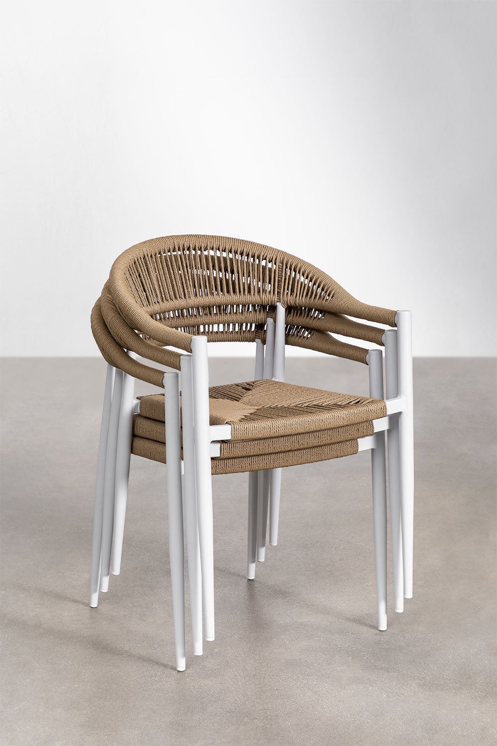 Stackable dining chair with armrests in aluminium and synthetic rattan Amatria, gallery image 9
