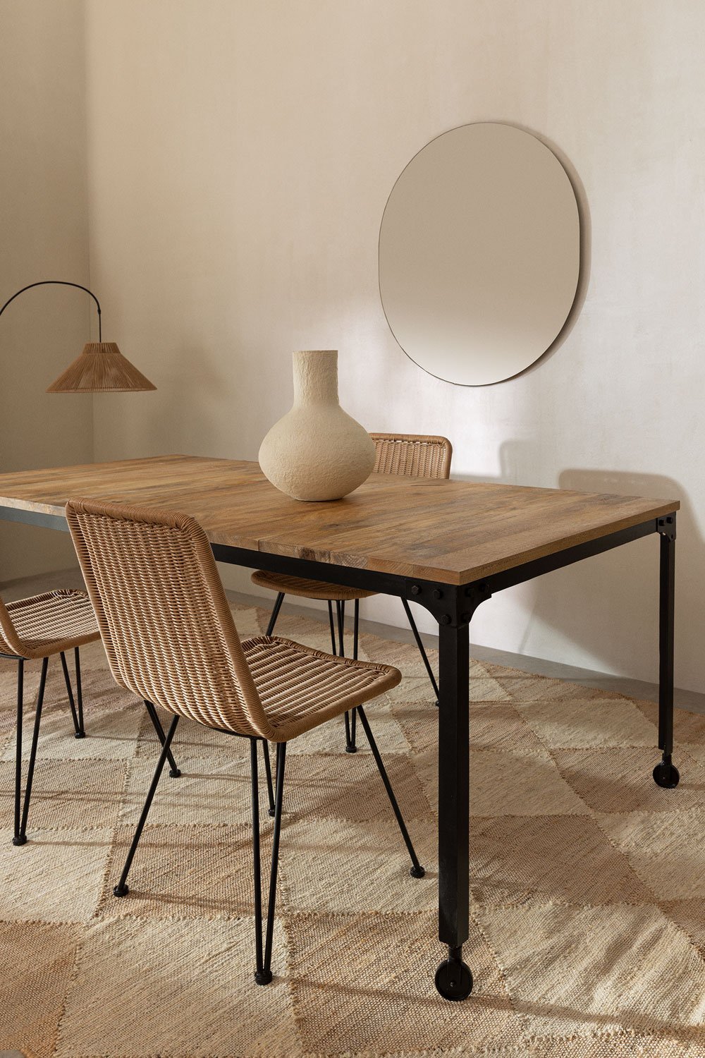 Rectangular dining table with wheels in recycled wood and steel (200x100 cm) Nika, gallery image 1