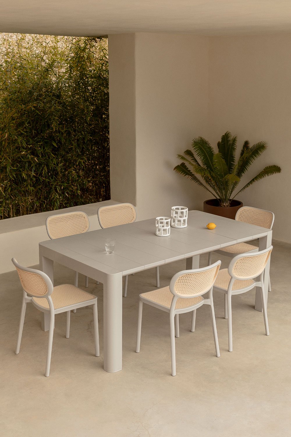 Arnadine Rectangular Table Set (180x100 cm) and 6 Omara Stackable Garden Chairs, gallery image 1