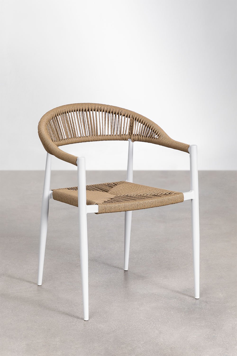 Stackable dining chair with armrests in aluminium and synthetic rattan Amatria, gallery image 2