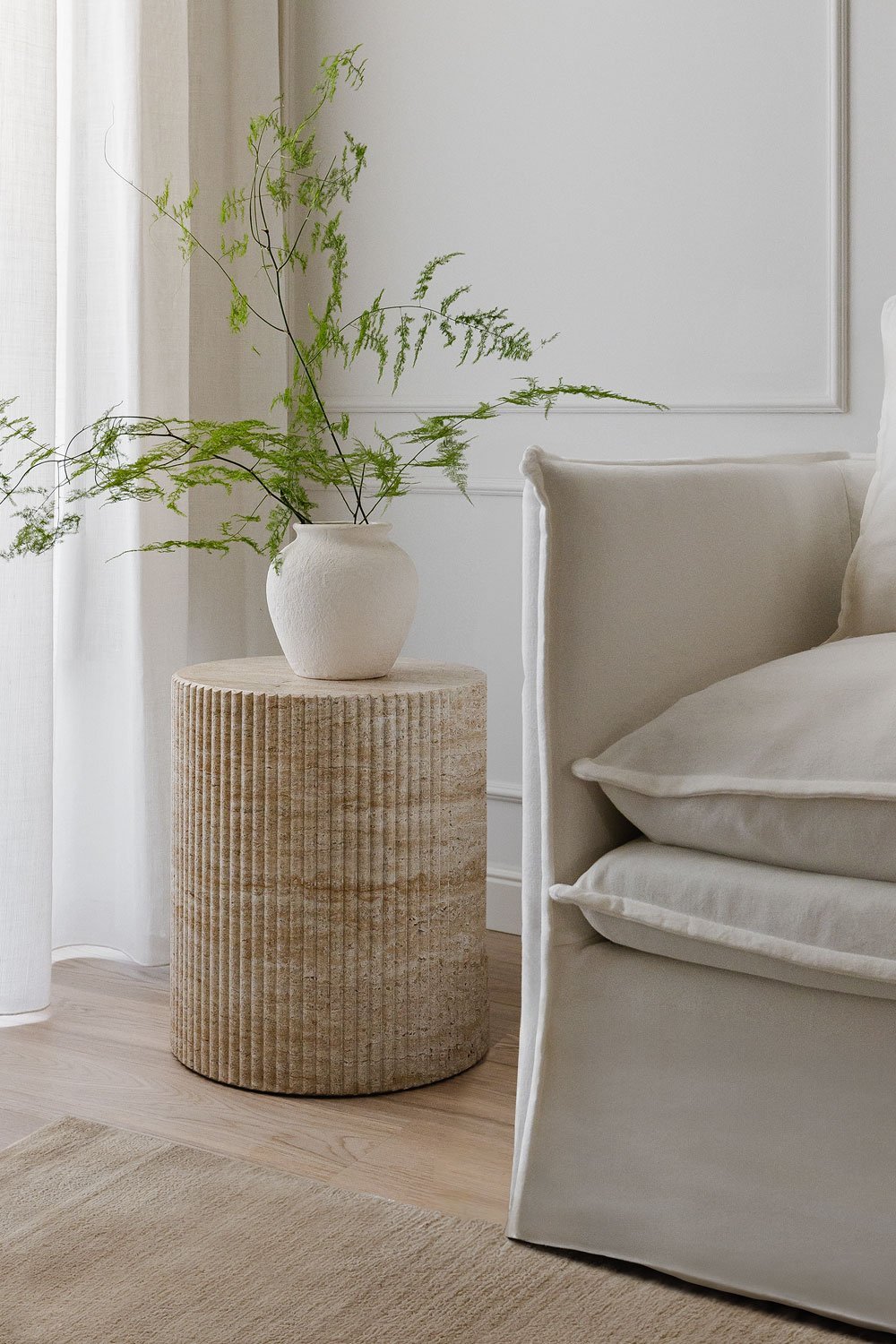 Round side table in cement with travertine look (Ø38 cm) Velia, gallery image 1