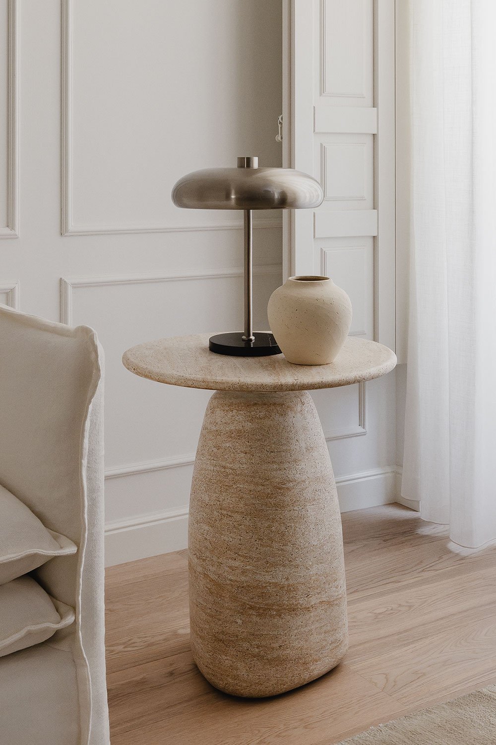 Round auxiliary table in cement with travertine look Velia, gallery image 1