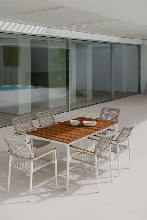 Rectangular Table Set in Aluminum and Teak Wood (160x90 cm) Katiana and 6 Chairs in Aluminum and Braided Rope Nediam