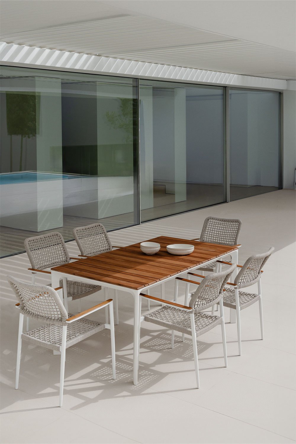 Rectangular Table Set in Aluminum and Teak Wood (160x90 cm) Katiana and 6 Chairs in Aluminum and Braided Rope Nediam, gallery image 1