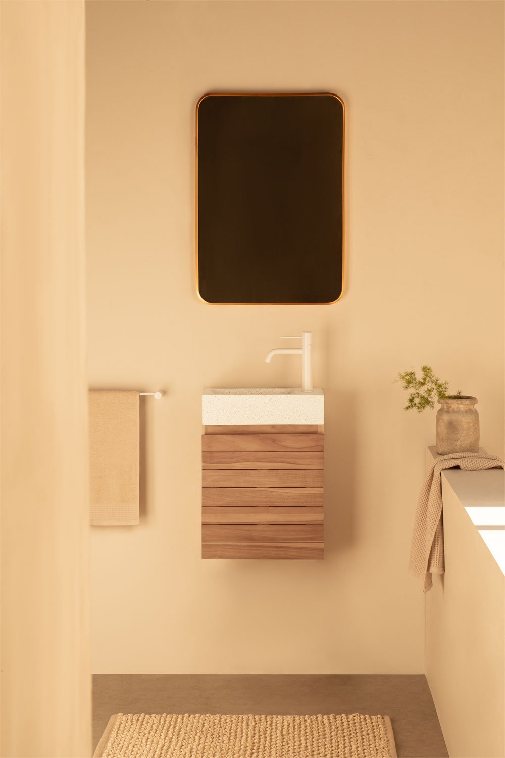 Bathroom furniture set in teak wood with integrated Napier cement washbasin, gallery image 1