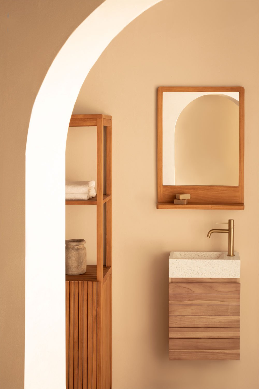 Bathroom furniture set in teak wood with integrated Napier cement washbasin, gallery image 1