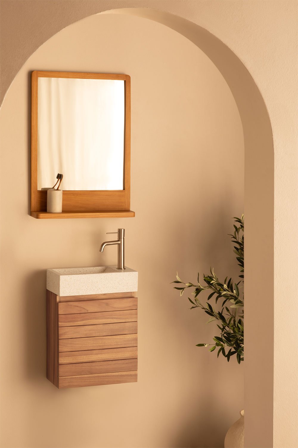 Bathroom furniture set in teak wood with integrated Napier cement washbasin, gallery image 1