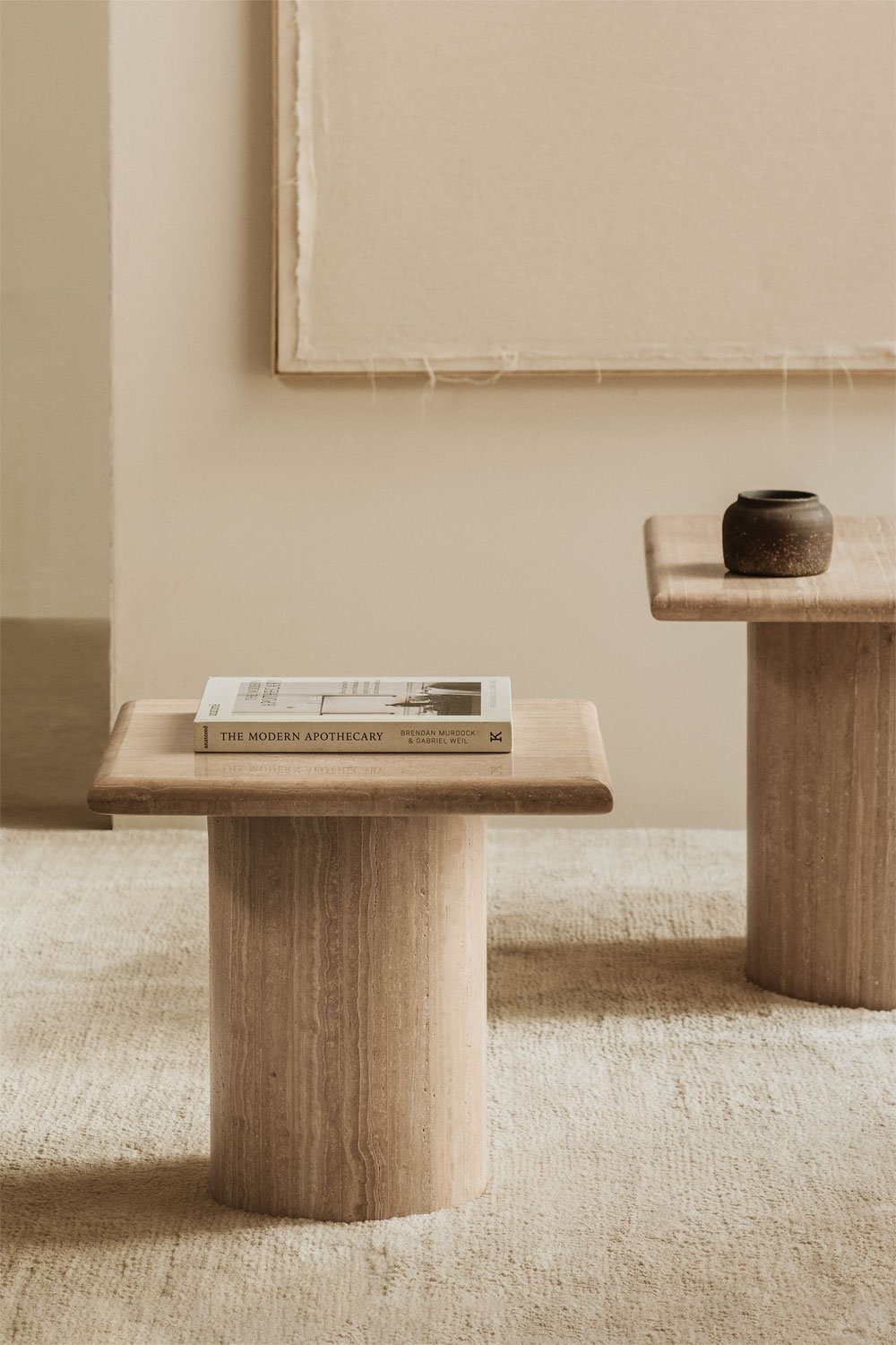 Lausanne travertine square side table, gallery image 1