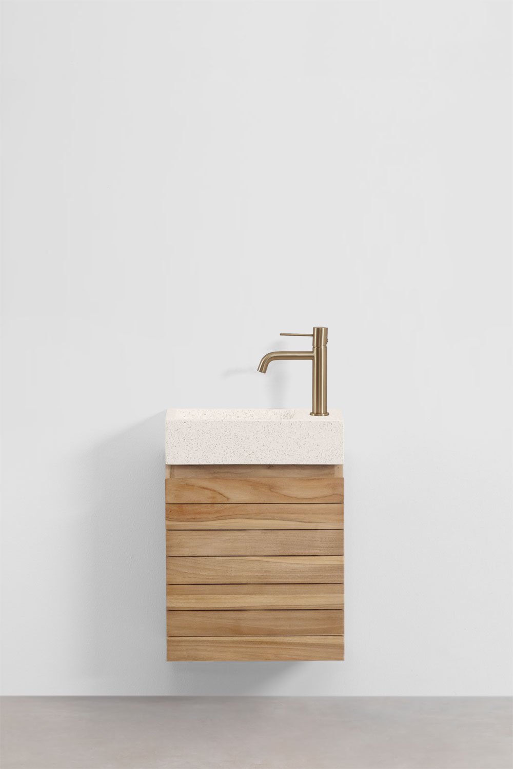 Suspended teak wood bathroom furniture set with integrated Napier cement sink, gallery image 2