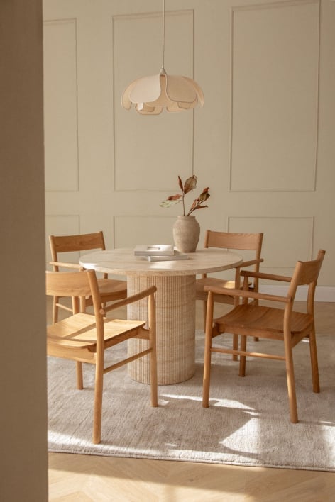 Set of round table in travertine look cement (Ø100 cm) Velia and 4 dining chairs in oak wood Mara Signature